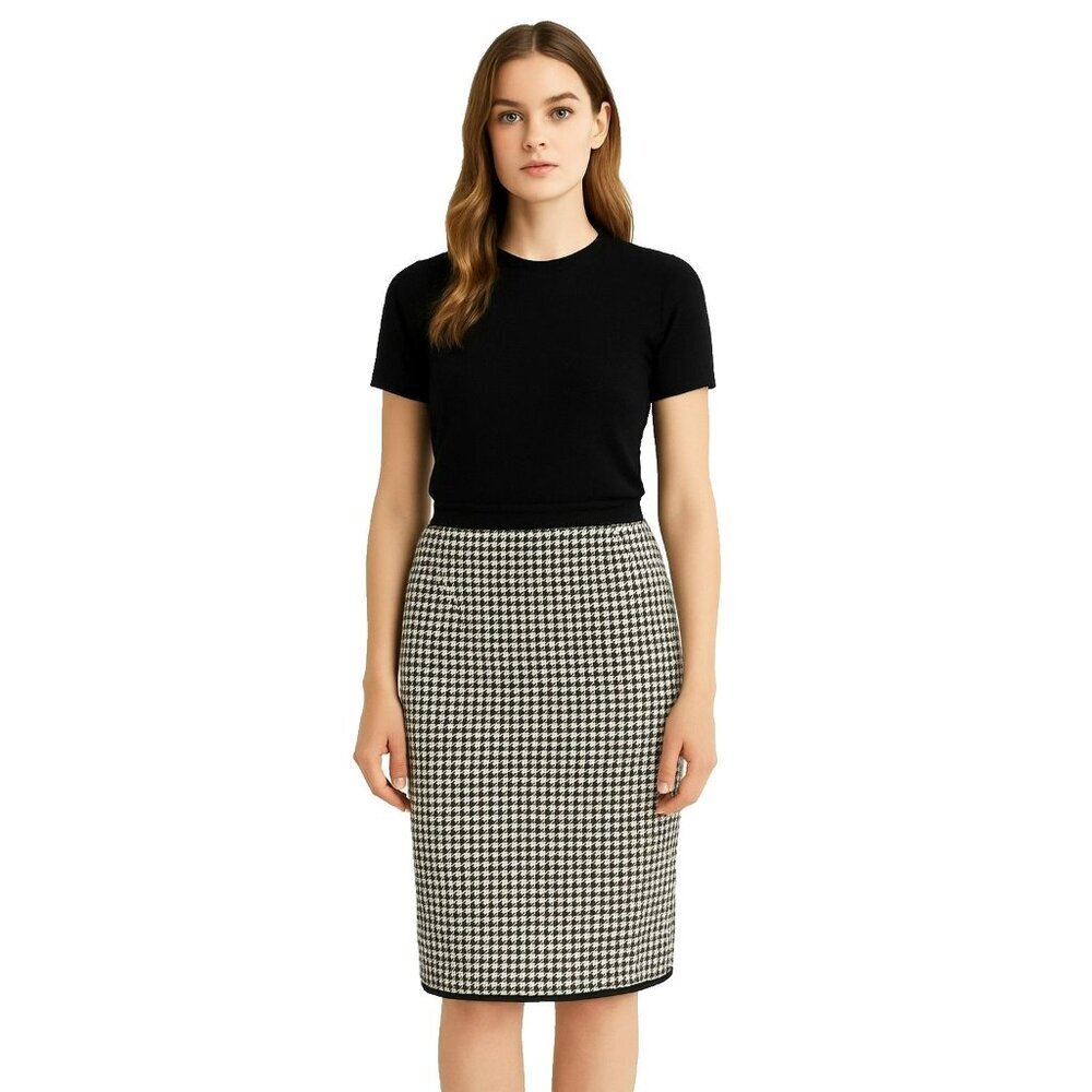 Morgan Taylor Skirt L Wool Houndstooth Pencil Career Lined Black White Vintage
